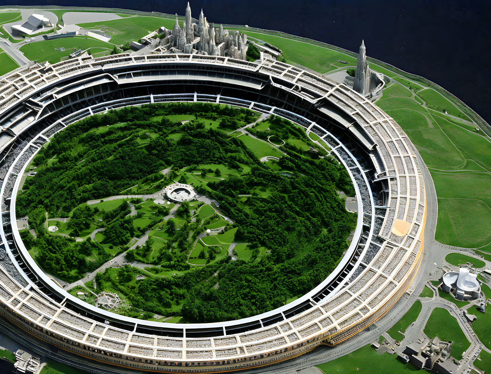 Circular building with central green park, water surround, towers, and annexes.