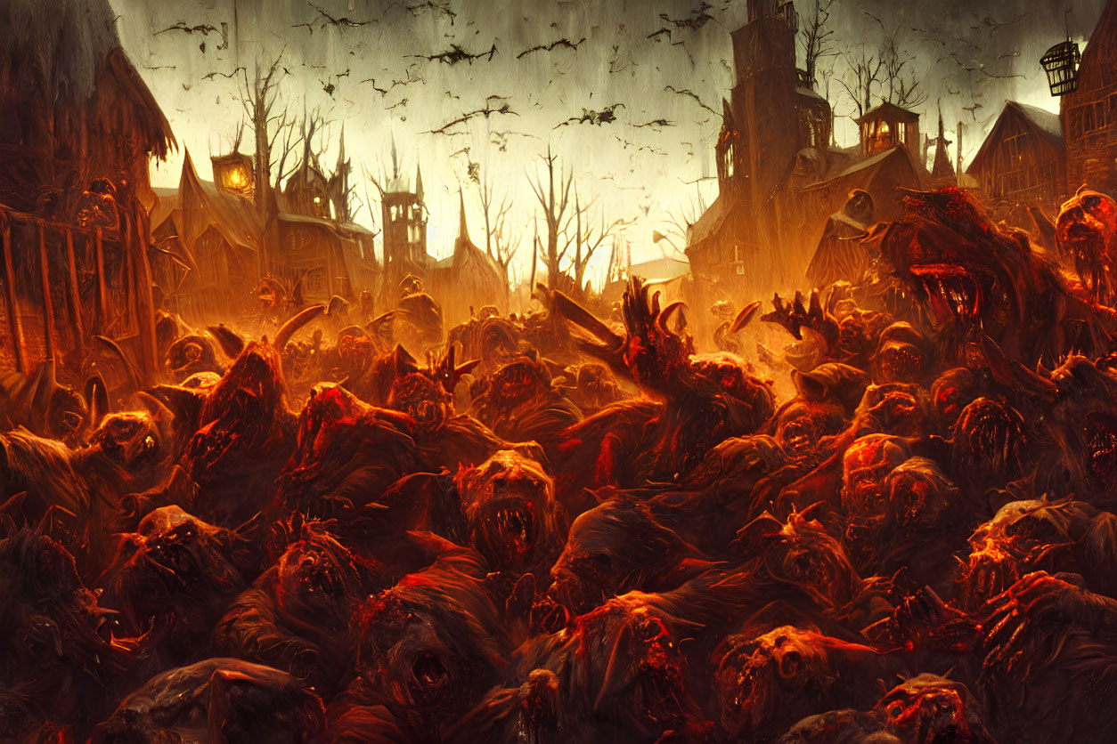 Gruesome zombies in fiery apocalyptic landscape with bats and dilapidated buildings