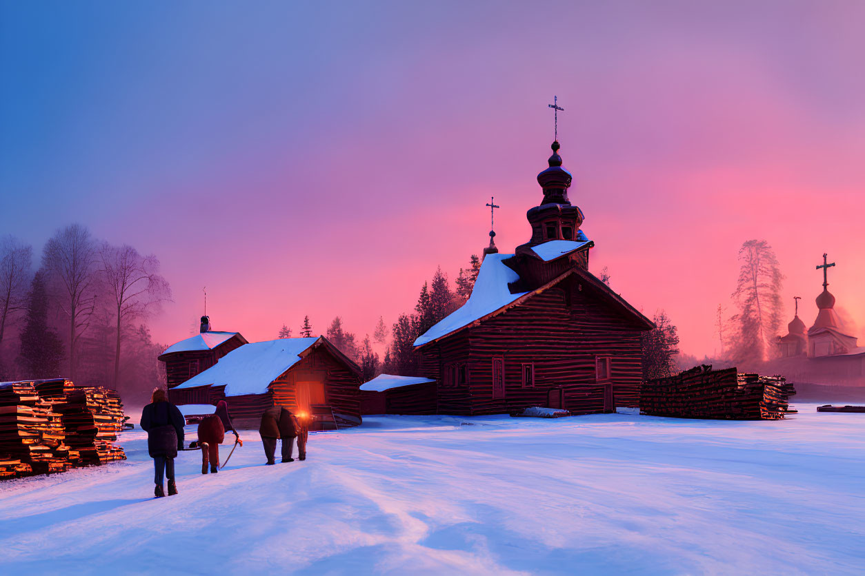 Colorful sunset over snowy landscape with wooden church and people walking