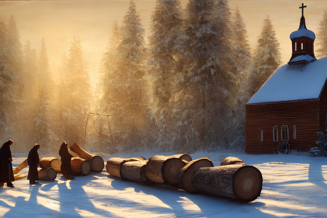 Snowy landscape with wooden church and figures at sunset