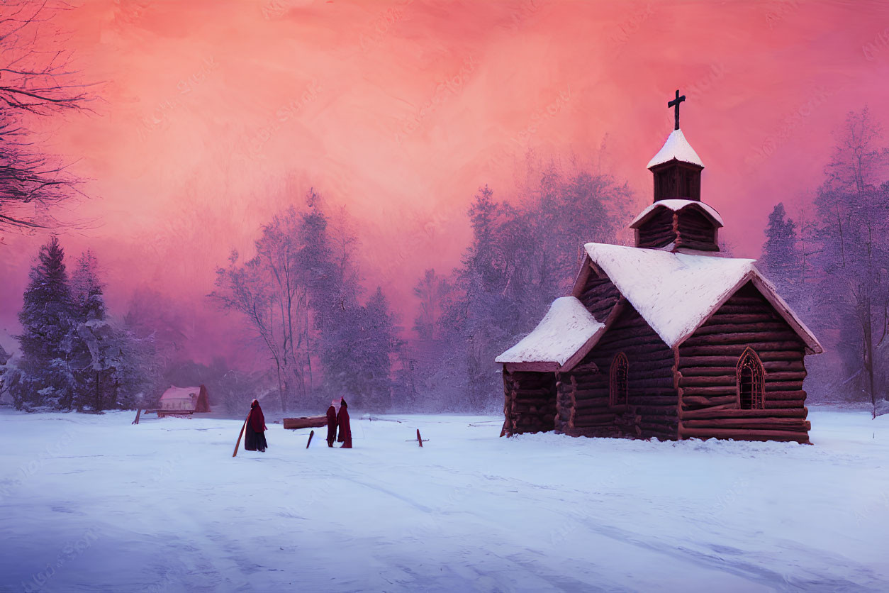 Wooden church in snowy landscape at dusk with pink sky and figures.