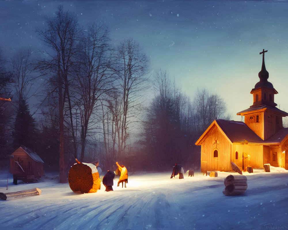 Snowy Evening Scene: Wooden Church, People by Fire, Tranquil Glow