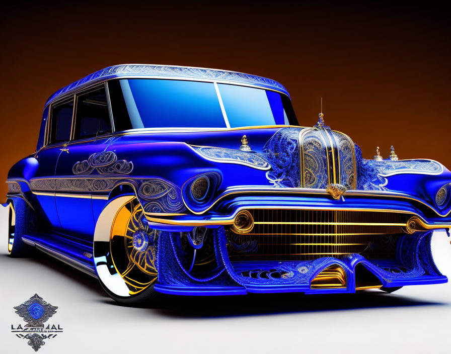 Custom Metallic Blue and Gold Classic Car on Brown Gradient Background