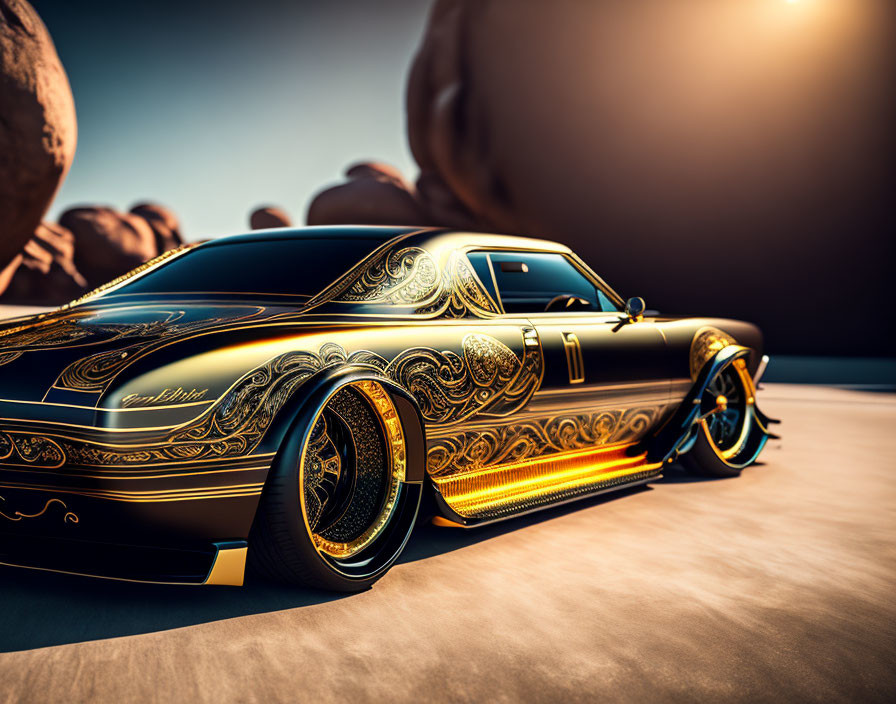 Black Classic Muscle Car with Gold Detailing in Desert Setting