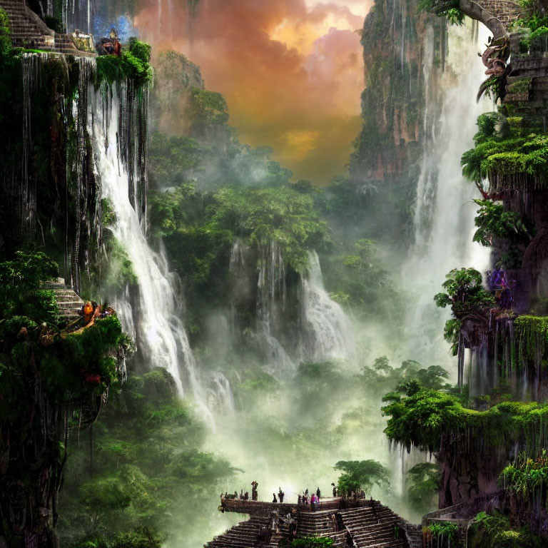 Serene landscape with waterfalls, stone steps, and mystical creature