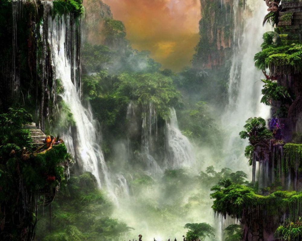 Serene landscape with waterfalls, stone steps, and mystical creature