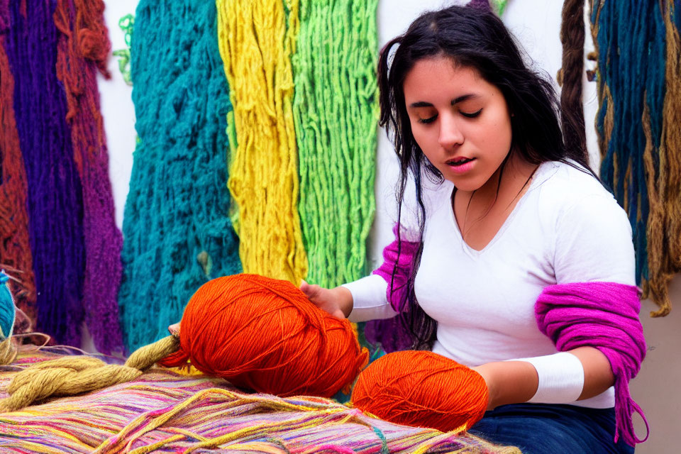 Young woman surrounded by colorful yarn skeins, handling bright orange ball.