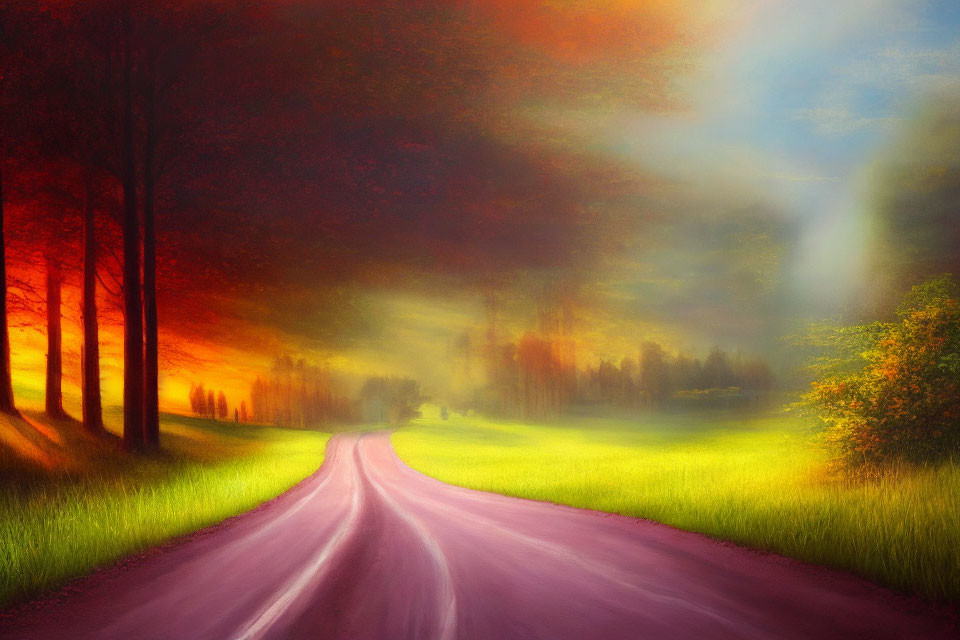 Colorful Landscape: Meandering Road with Radiant Light and Trees