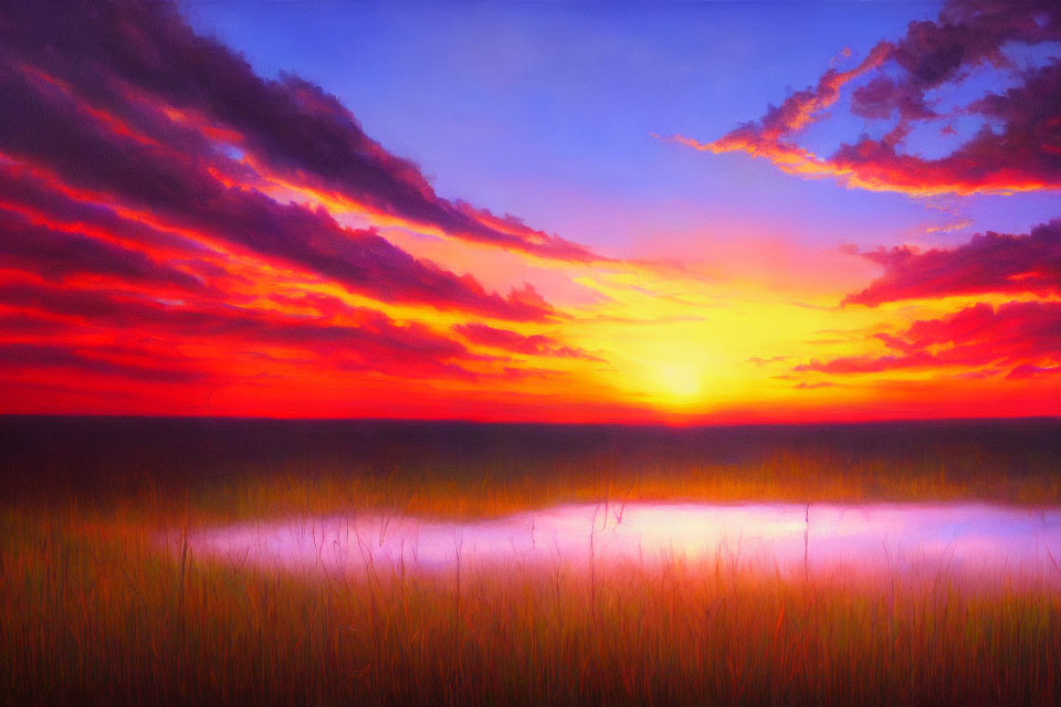 Scenic sunset with red and orange hues reflecting on water, silhouetted grass, dramatic sky