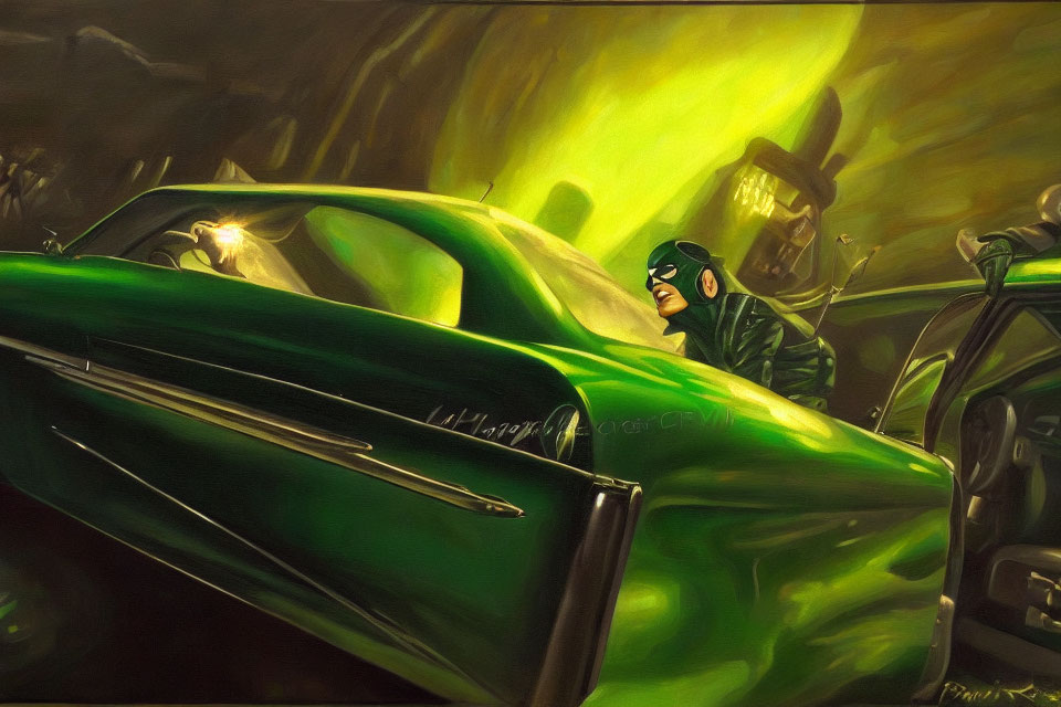 Stylized artwork of person in green car with ominous figure