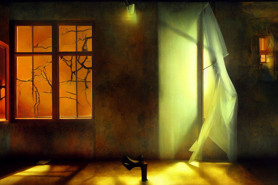 Dimly lit room with glowing windows, eerie shadows, white curtain, and darkened bench