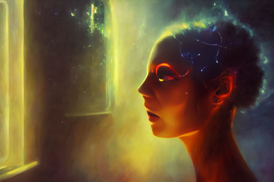 Surreal portrait of woman with cosmic pattern, gazing at starry window