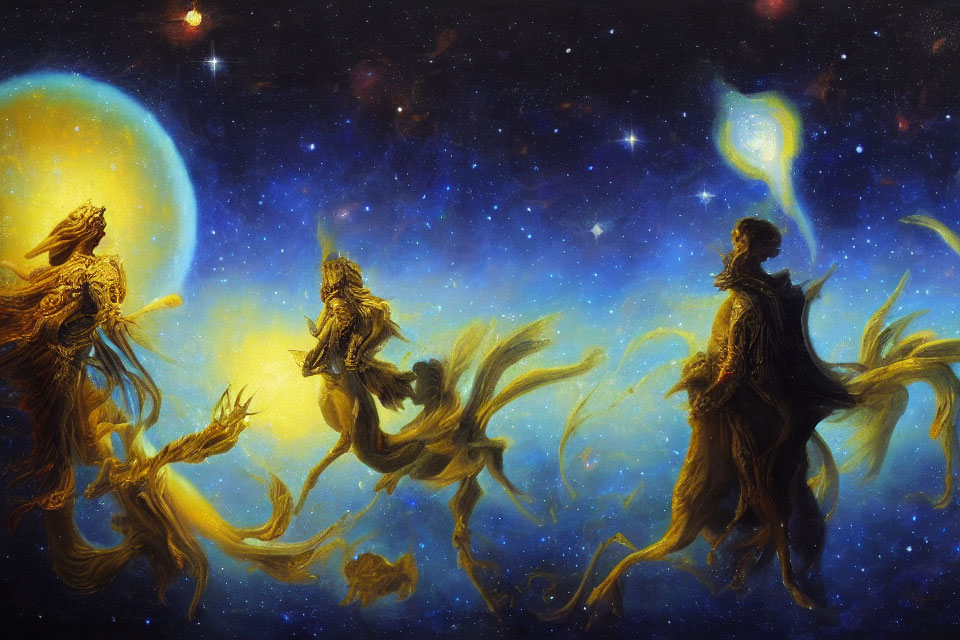 Three mythical figures on horseback in ethereal light against starry space backdrop.