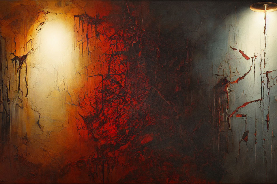 Abstract painting with red and orange hues and crack-like textures under a hanging light