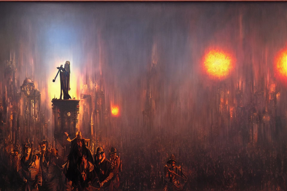 Dystopian cityscape with illuminated statue and explosions