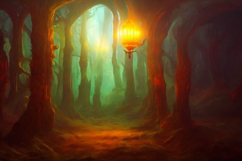 Mystical forest scene with glowing lantern and skeletal arm in foggy ambiance