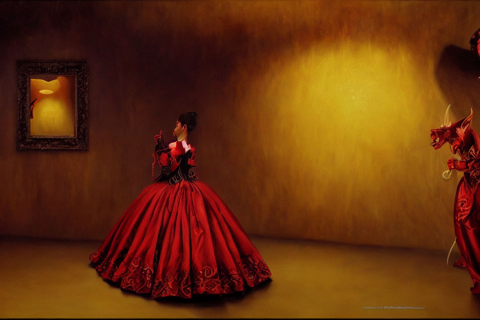 Woman in red gown with creature in red armor in surreal room