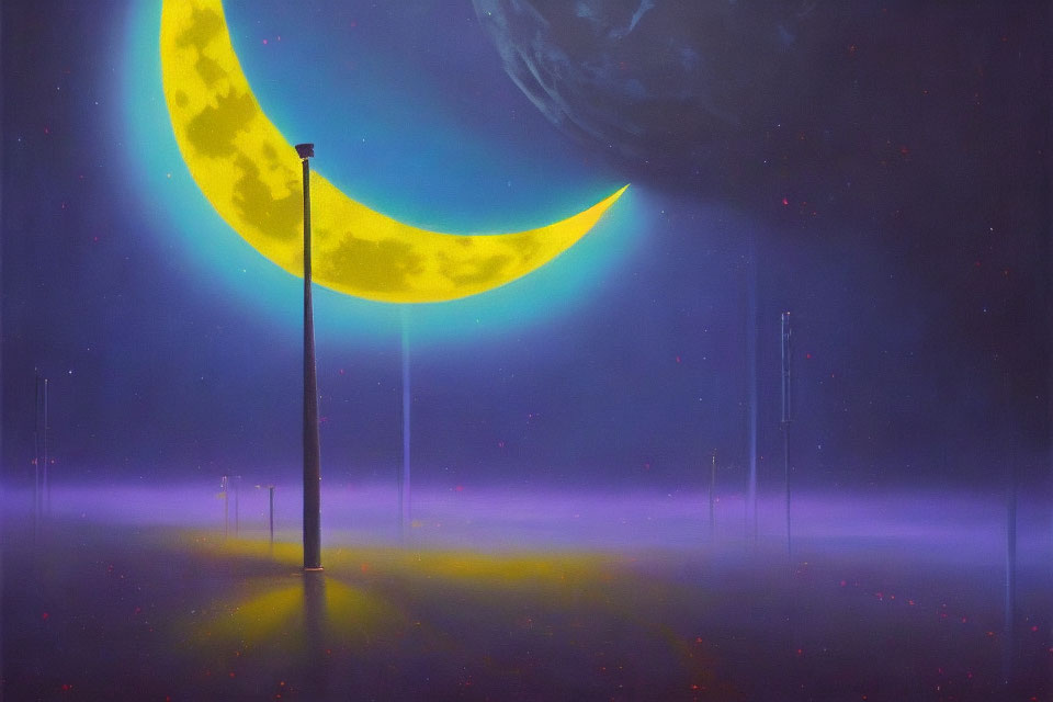 Surreal artwork: Street lamps with crescent moon lights in misty landscape