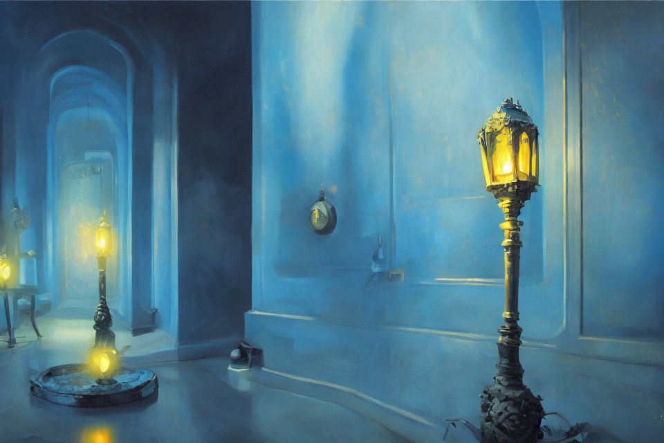 Vintage street lamps illuminate serene blue hallway with arched doorways and classic floor clock