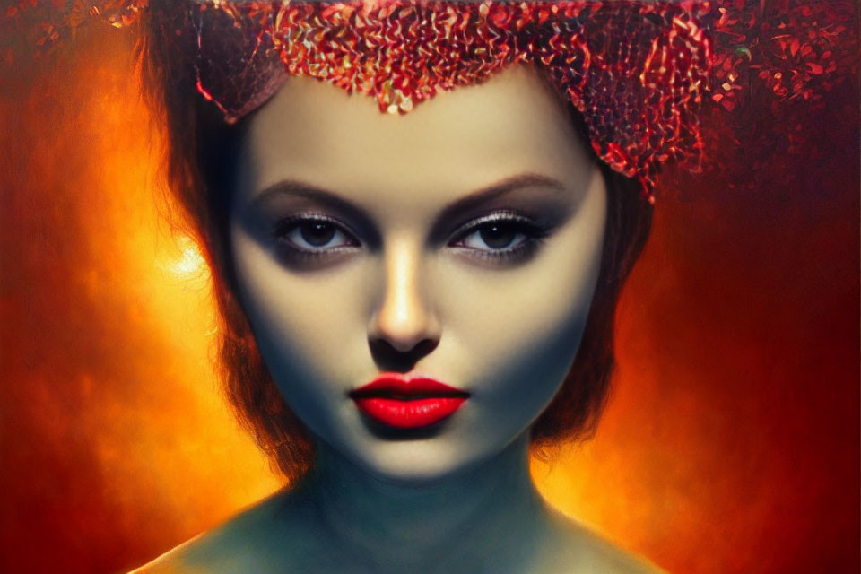 Portrait of woman with striking make-up and red jeweled headpiece in fiery background