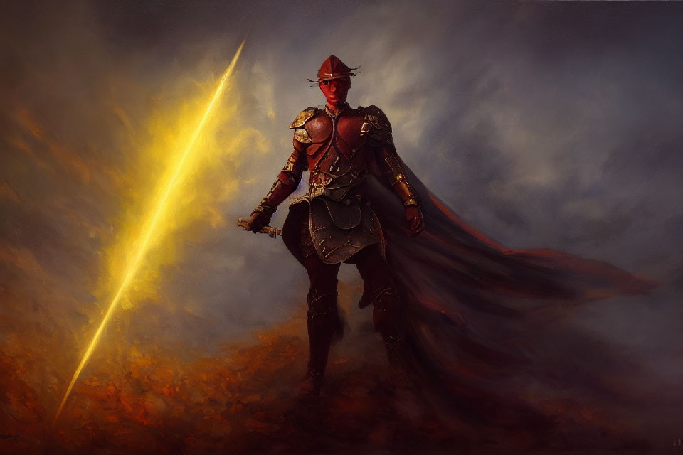 Knight in Full Armor with Glowing Sword in Fiery Battle Scene