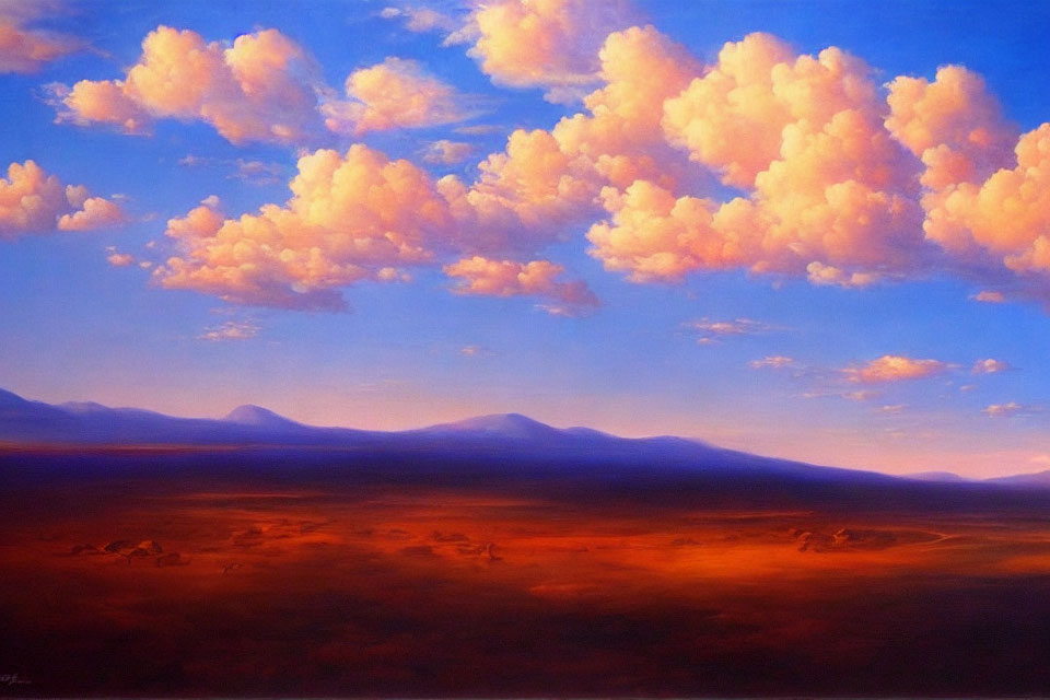 Colorful sunset landscape painting with orange clouds and distant blue mountains.