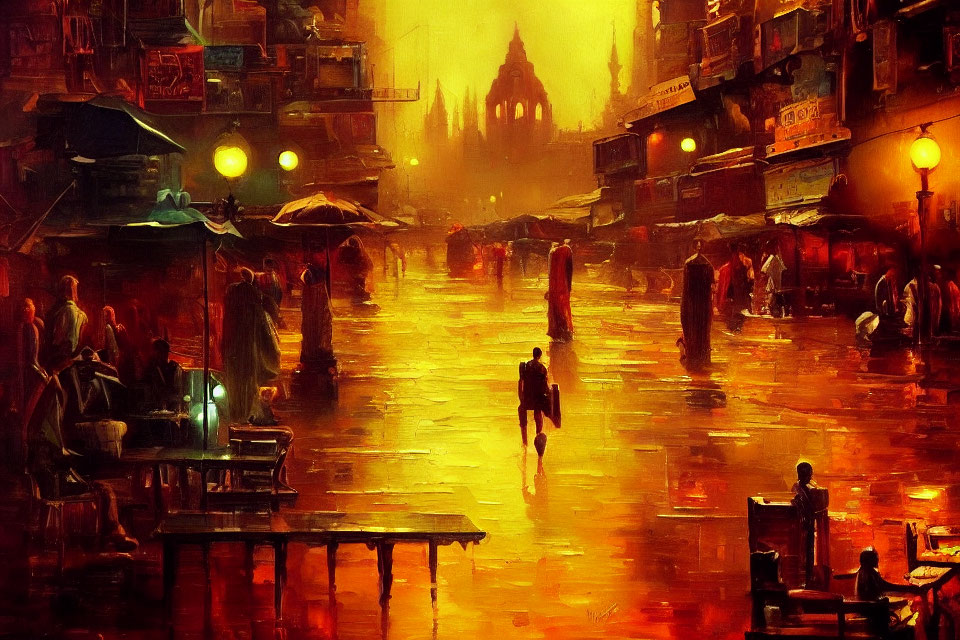 Vivid painting: bustling street at night with warm hues, people walking under streetlights.