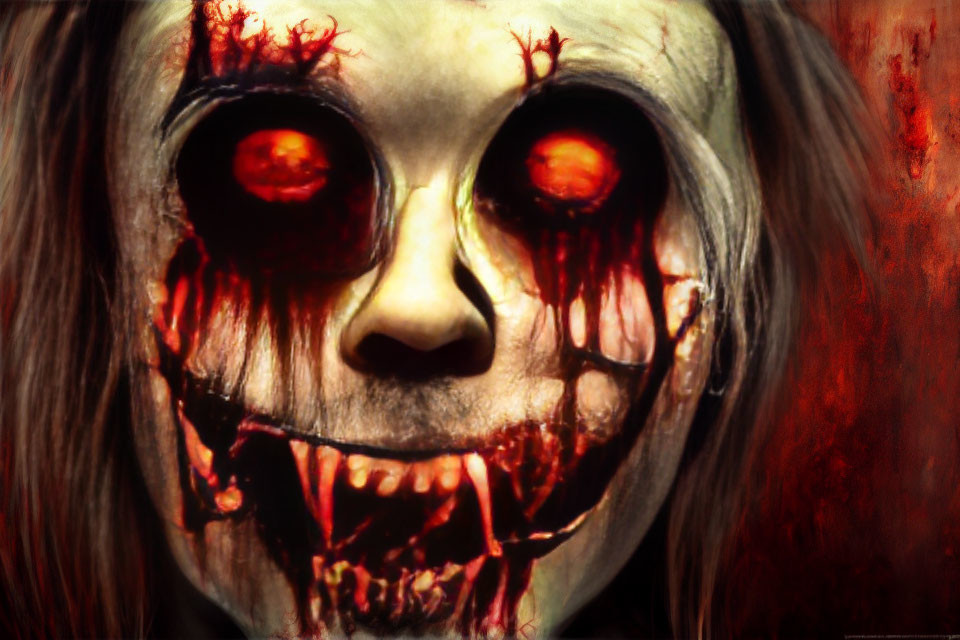 Horror-themed image with large red eyes, bleeding nostrils, and blood-smeared mouth