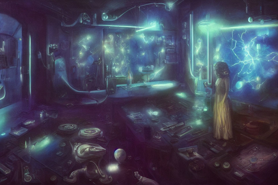 Woman in Yellow Dress in Futuristic Lab with Glowing Orbs and High-Tech Equipment