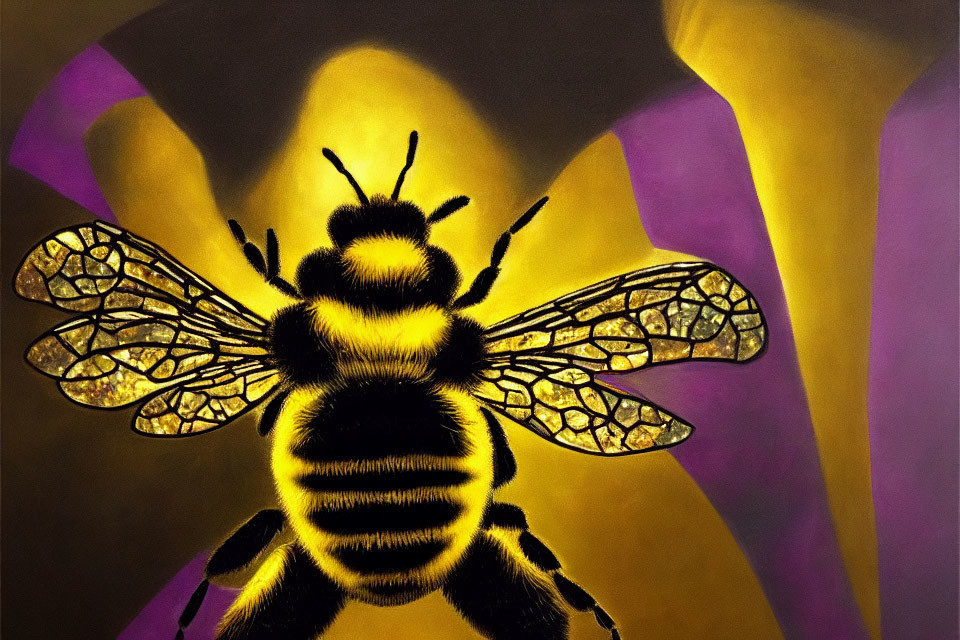 Detailed Close-Up of Bee with Vibrant Wings on Yellow and Purple Background