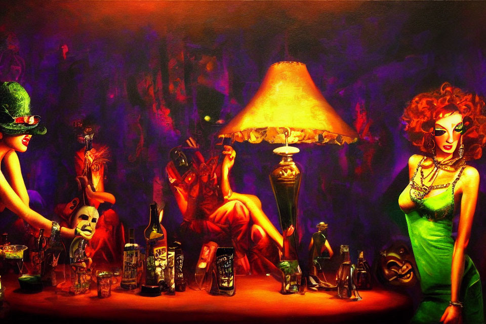 Colorful surreal painting of a bar scene with stylized figures and expressive faces