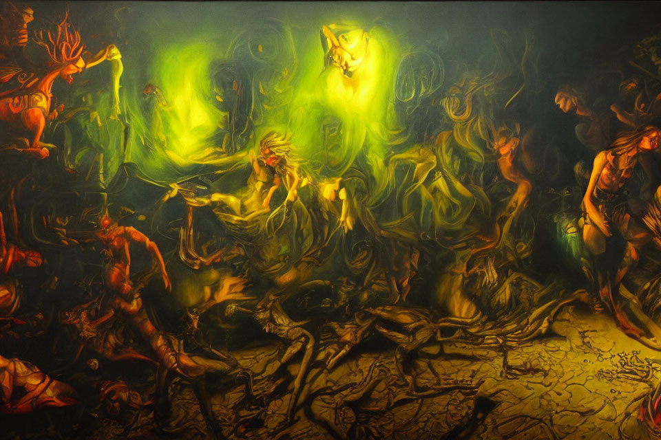 Chaotic hellish scene with tortured figures and eerie green light