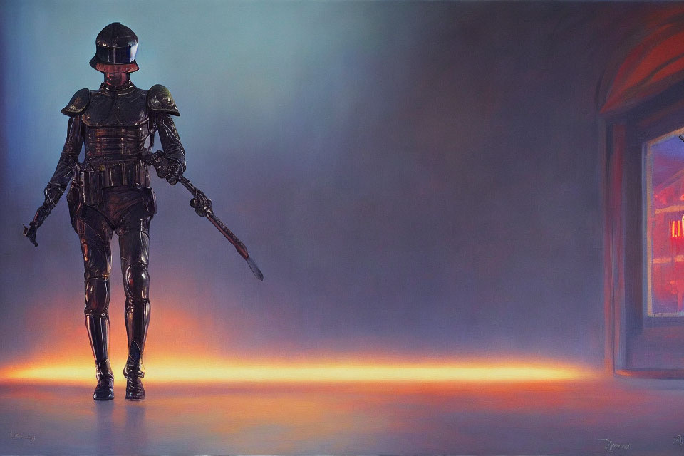 Futuristic knight in reflective armor with spear in misty background