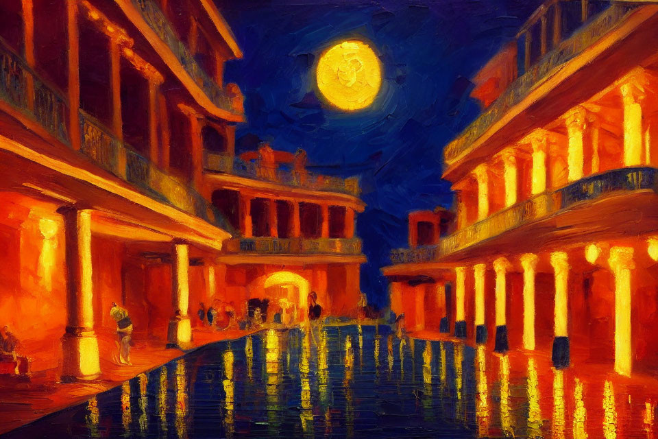 Moonlit Plaza with Reflected Buildings in Impressionist Style