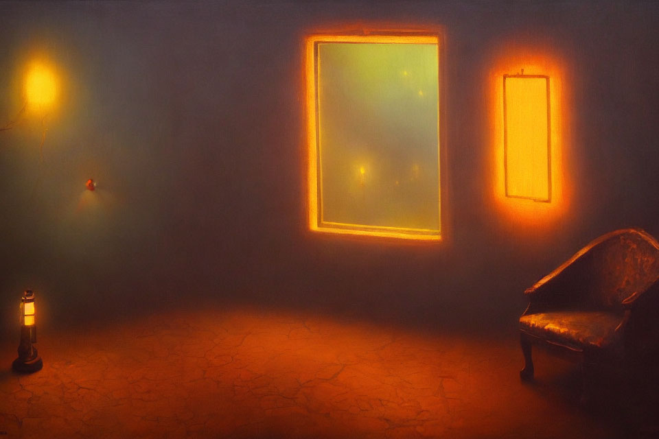 Surreal room with luminous windows, lantern, chaise lounge, and misty atmosphere