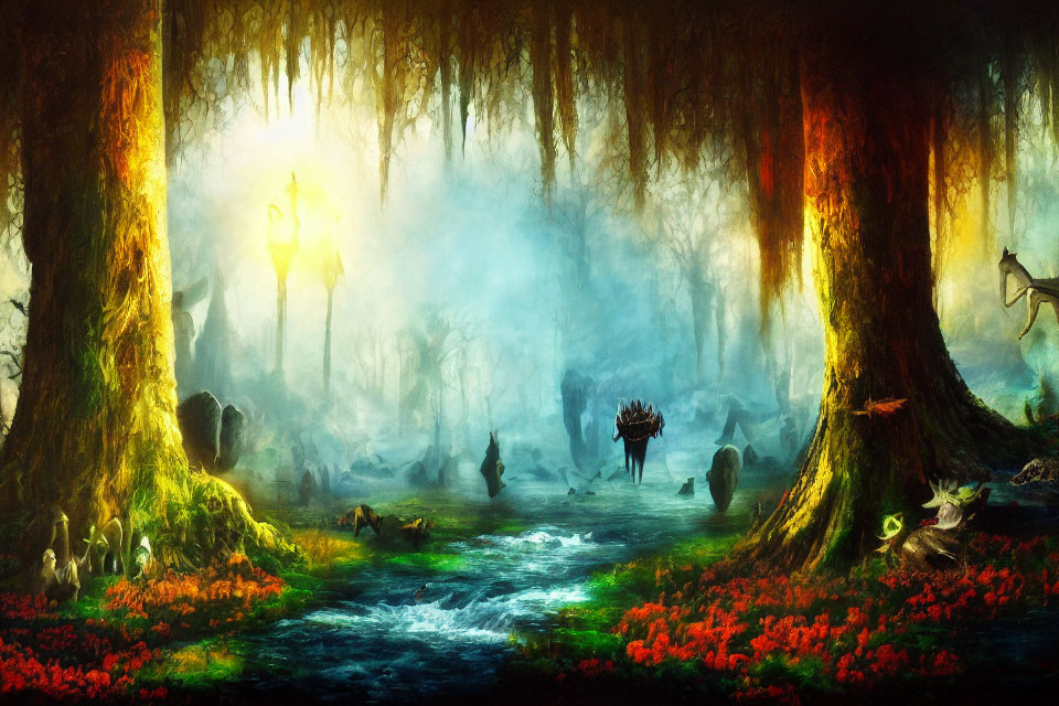 Enchanting forest scene with glowing lantern, fog, creek, and distant figure