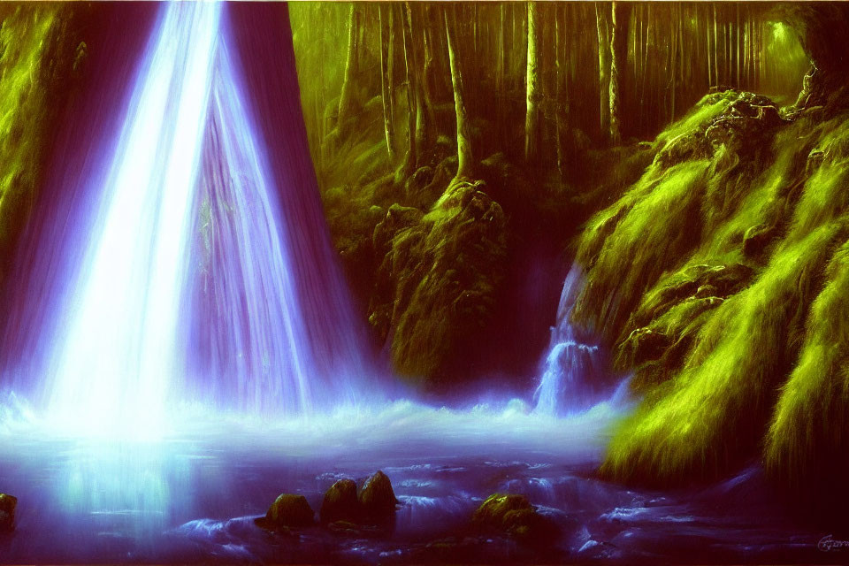 Ethereal blue light waterfall in serene moss-covered landscape