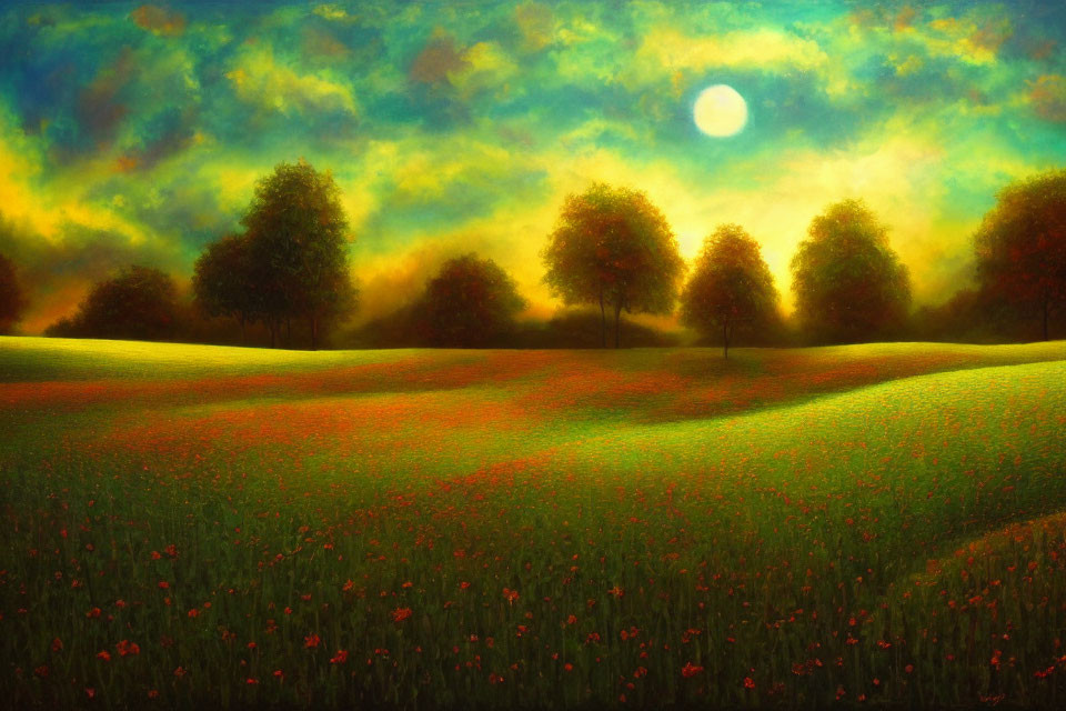 Moonlit Field with Trees and Red Poppies in Warm Tones