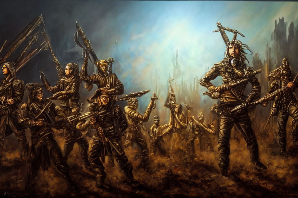 Medieval warriors in battle armor with spears and swords on a smoky battlefield.