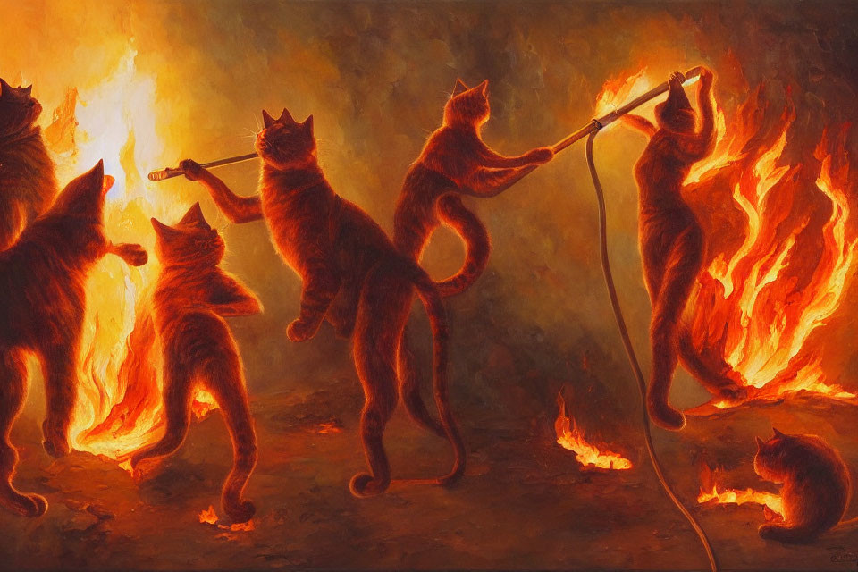 Five silhouetted cats around fire in vibrant backdrop