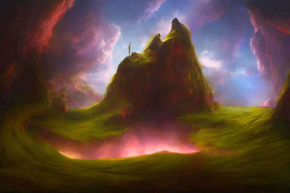 Fantasy landscape with lush hills and vibrant sky featuring lone figure.