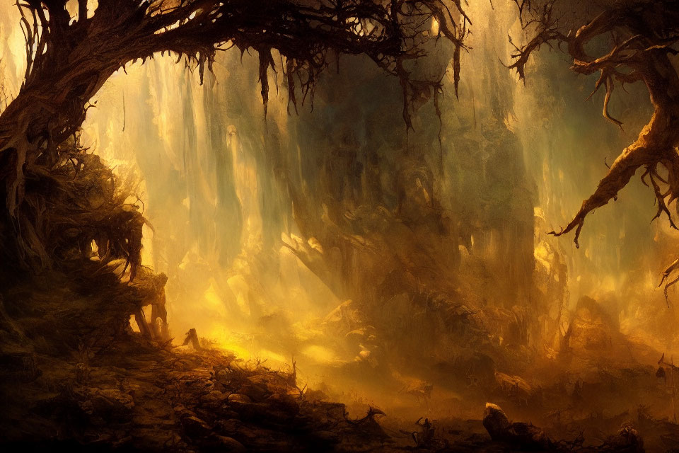 Enchanted forest with gnarled trees and golden mist