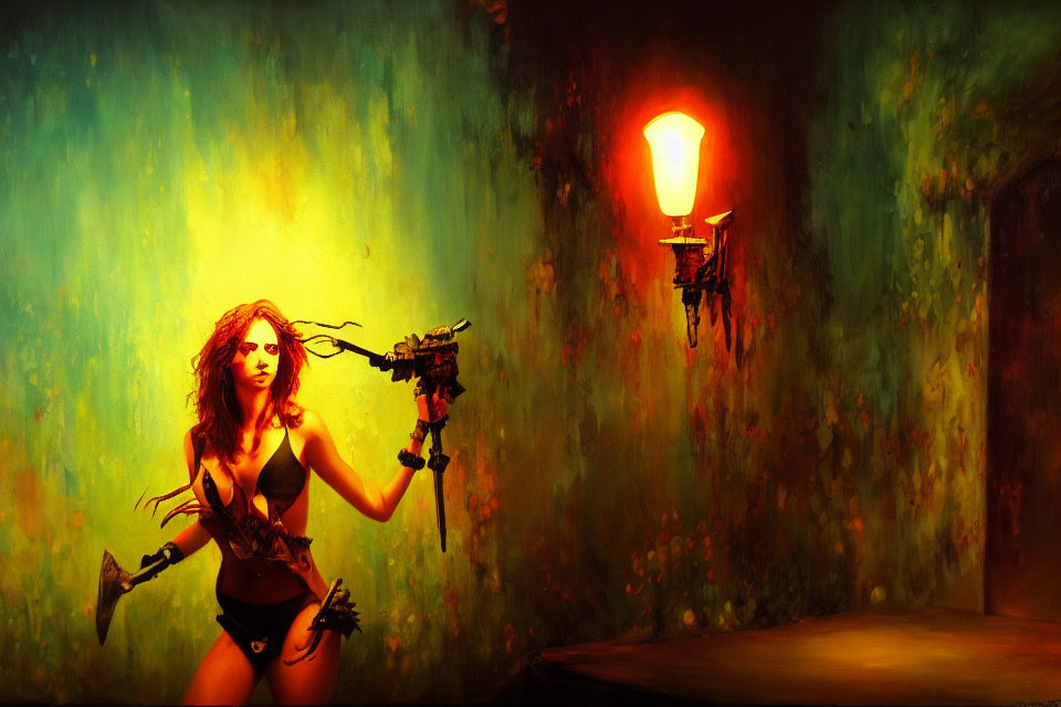 Woman with Gun and Axe in Post-Apocalyptic Scene under Dramatic Lighting