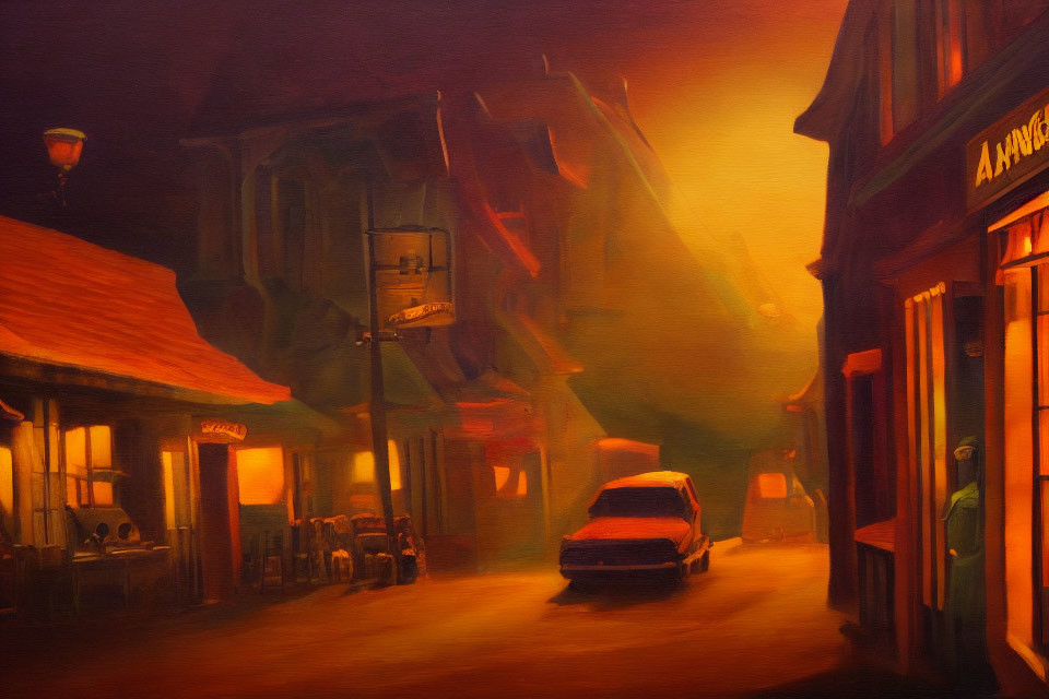 Vintage Street Painting: Quiet Dusk Scene with Car and Streetlights