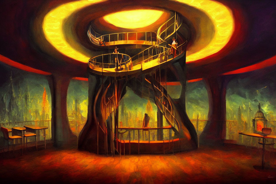 Futuristic spiraled structure in warm-toned painting with glowing rings and abstract cityscape.