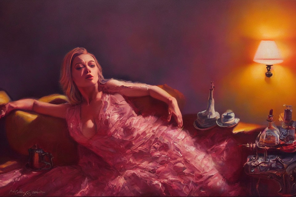 Woman in Pink Dress Relaxing on Couch in Dimly Lit Room