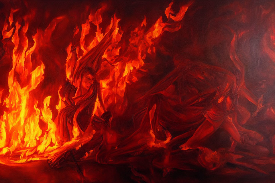 Intense Flame Scene with Dynamic Figures in Red and Orange Palette