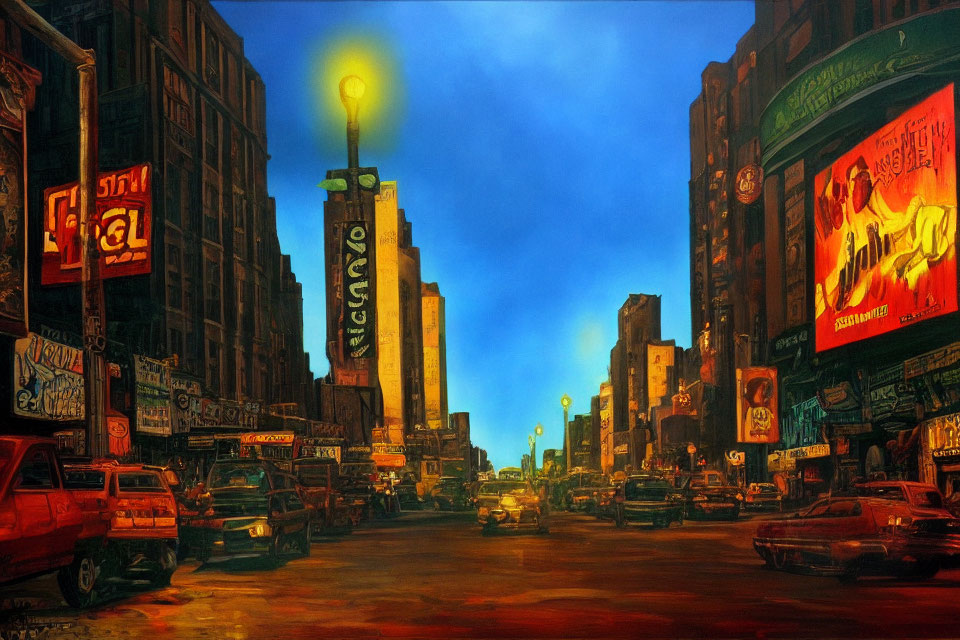 Vibrant street scene at dusk with neon signs, vintage cars, and towering buildings