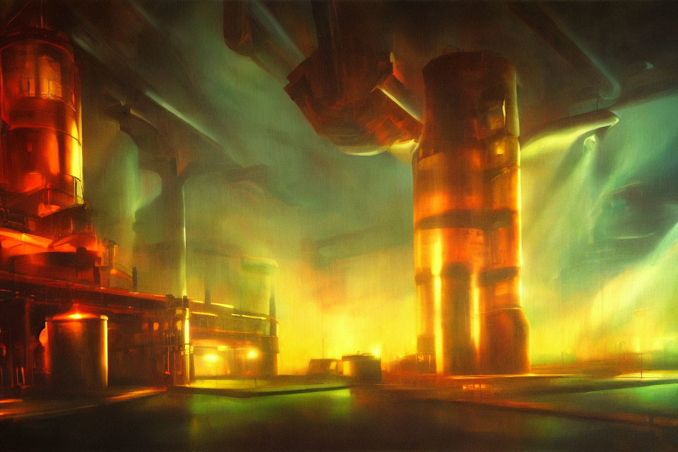 Dystopian industrial scene with towering glowing structures