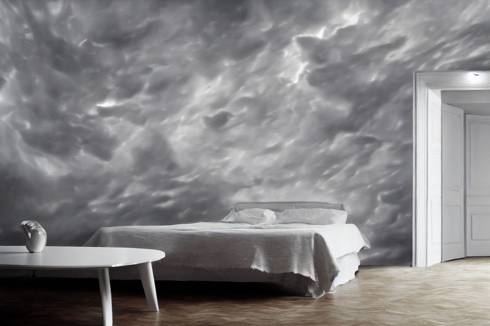 Minimalist Bedroom with Storm Cloud Wallpaper and White Bed on Wooden Floor